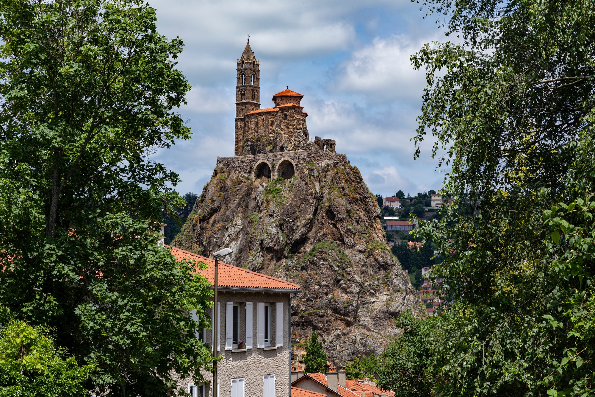 The Chapel of St Michel-dAiguilhe in the city of Le Puy-en-Velay in the Auvergne-Rhone-Alpes region